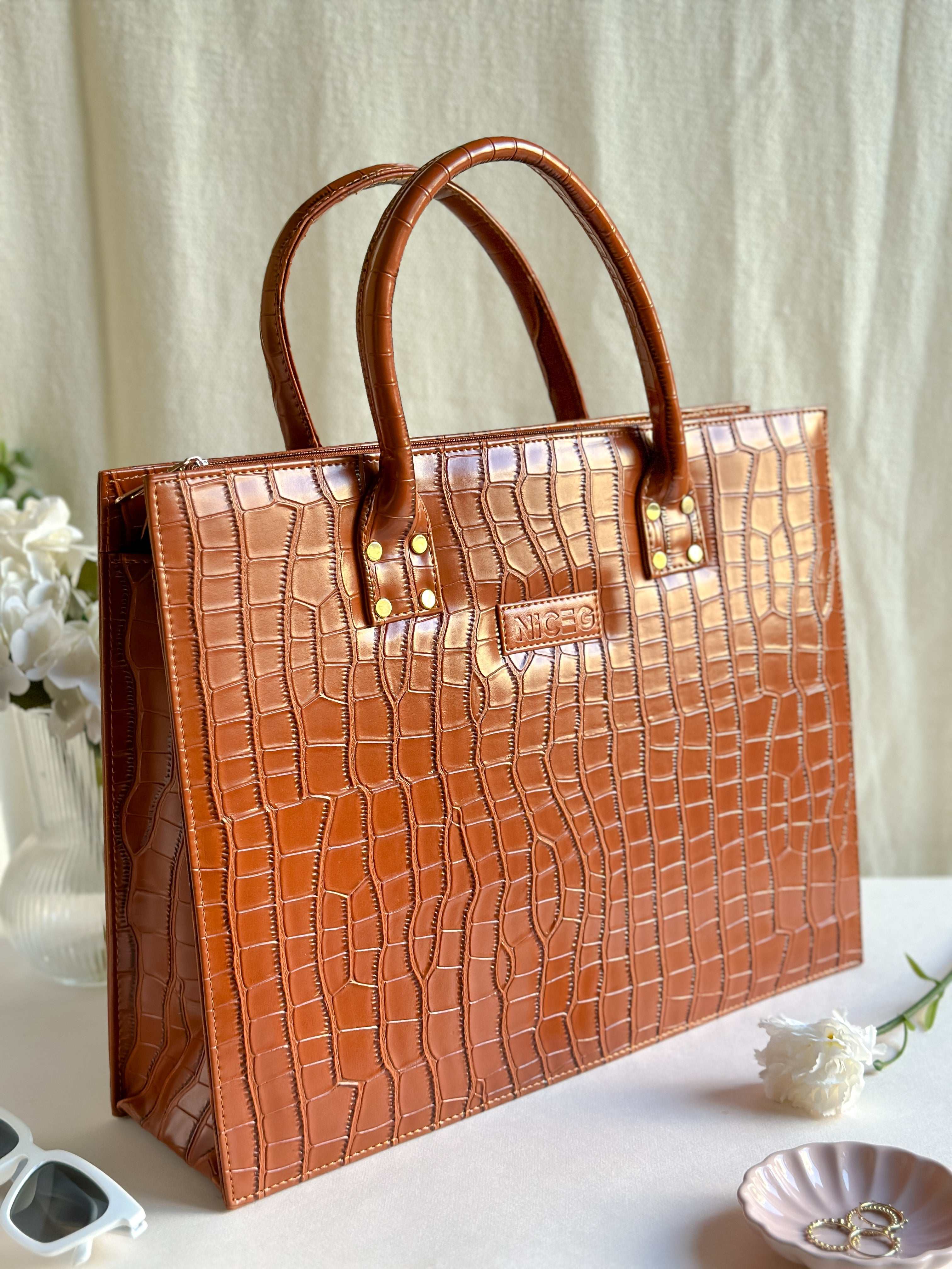 Croc Luxe Tote – Structured Work Bag – Brown